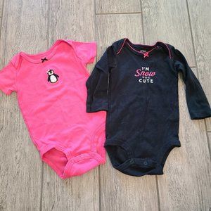Carter's baby girl set of 2 onesies penguin pink and black size 12M